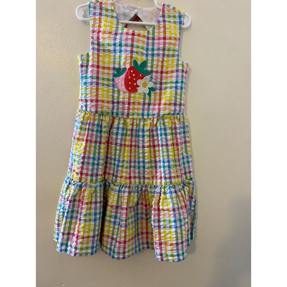 Bonnie Jean Girls 6X Rainbow Plaid Seersucker Dress Strawberry Tiered Sundress